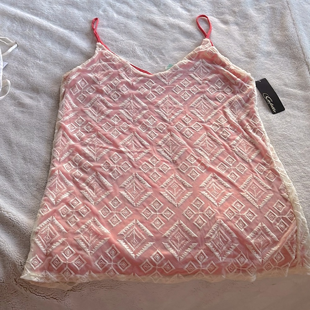 Coral and cream lace tank top